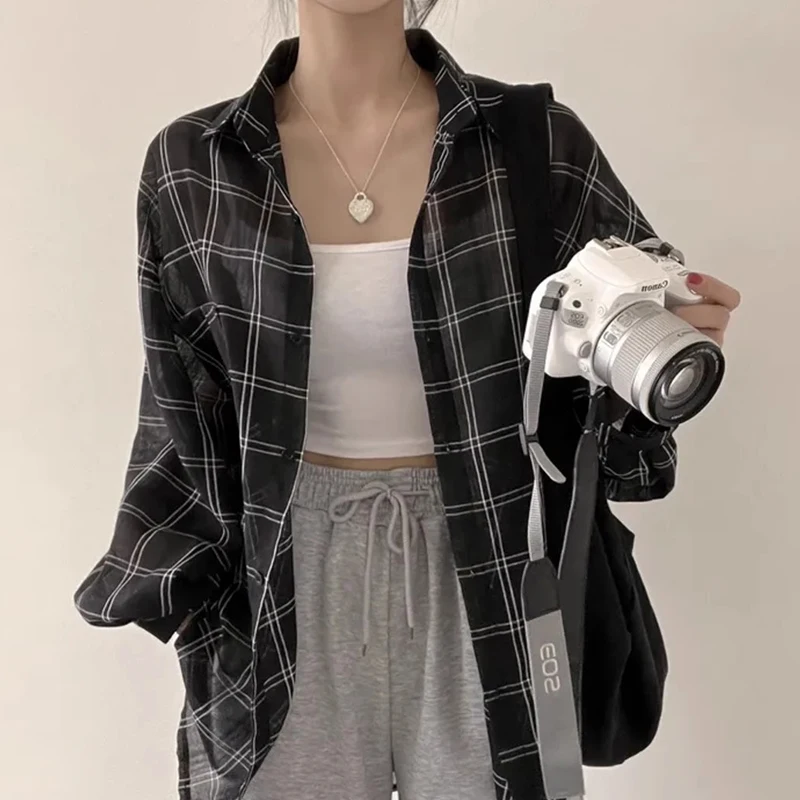 

Lazy Sle Color Blo Plaid Women's Summer New Thin irt Outerwear Sun Protection Loose Fit Long Sve Korean Version