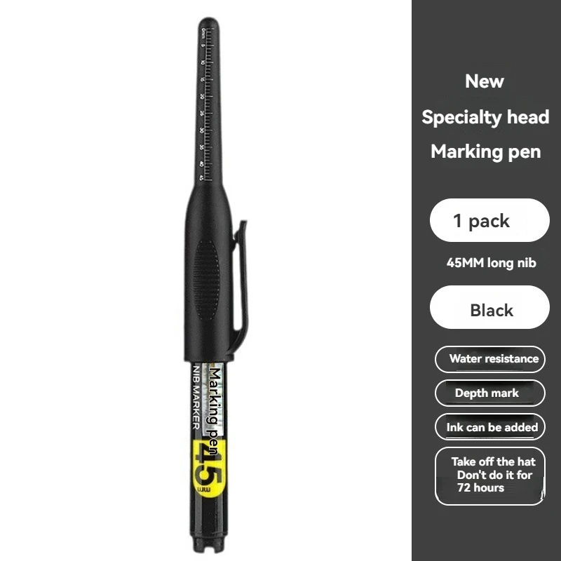 1PCS 45mm Tip Waterproof Long Head Marker Pen Quick-Dry Ink for Woodworking Construction, Deep Hole Non-Toxic Black Red Blue
