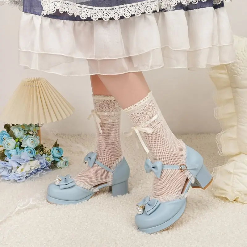REAVE CAT Sweet Girls Women Pumps 28 29 30 Round Toe Block Heels Platform Buckle Strap Bowknot Size 47 48 Lolita