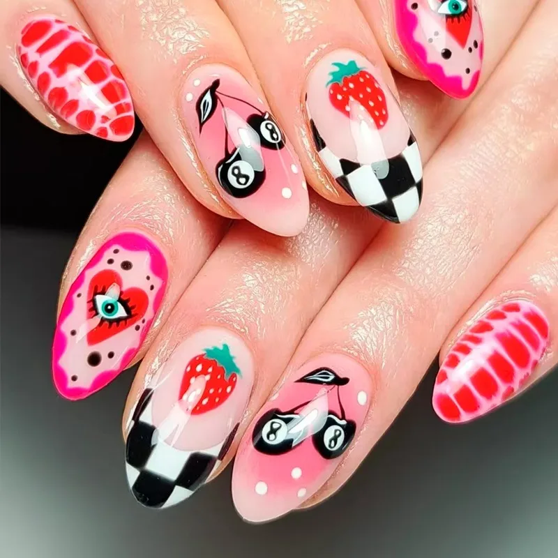 

24 PCS Red Blush French Press on Nails Cute Strawberry Cherry Heart Patterns Almond Fake Nails for Spice Girls Sweet Cool Nails