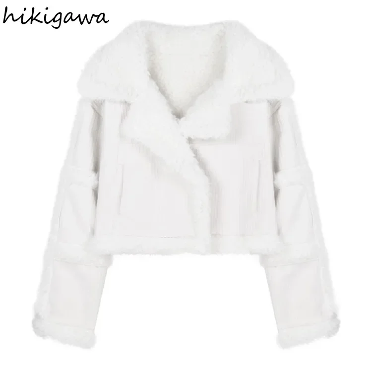 White Corduroy Short Jacket for Women Fall Winter Clothing 2023 Ropa Mujer Fashion Casual Thicked Crop Tops Korean Warm Y2k Coat