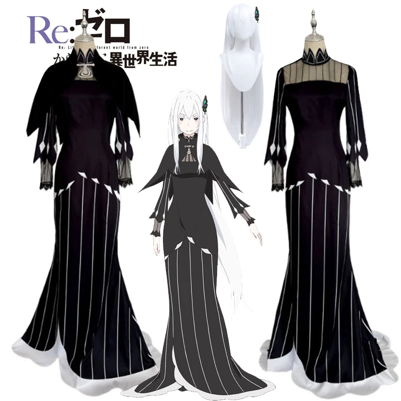 

Re0 Echidna Cosplay Anime Re:Life in A Different World From Zero Costume Black Evening Dress Long Wig Women Sexy Carnival Suit