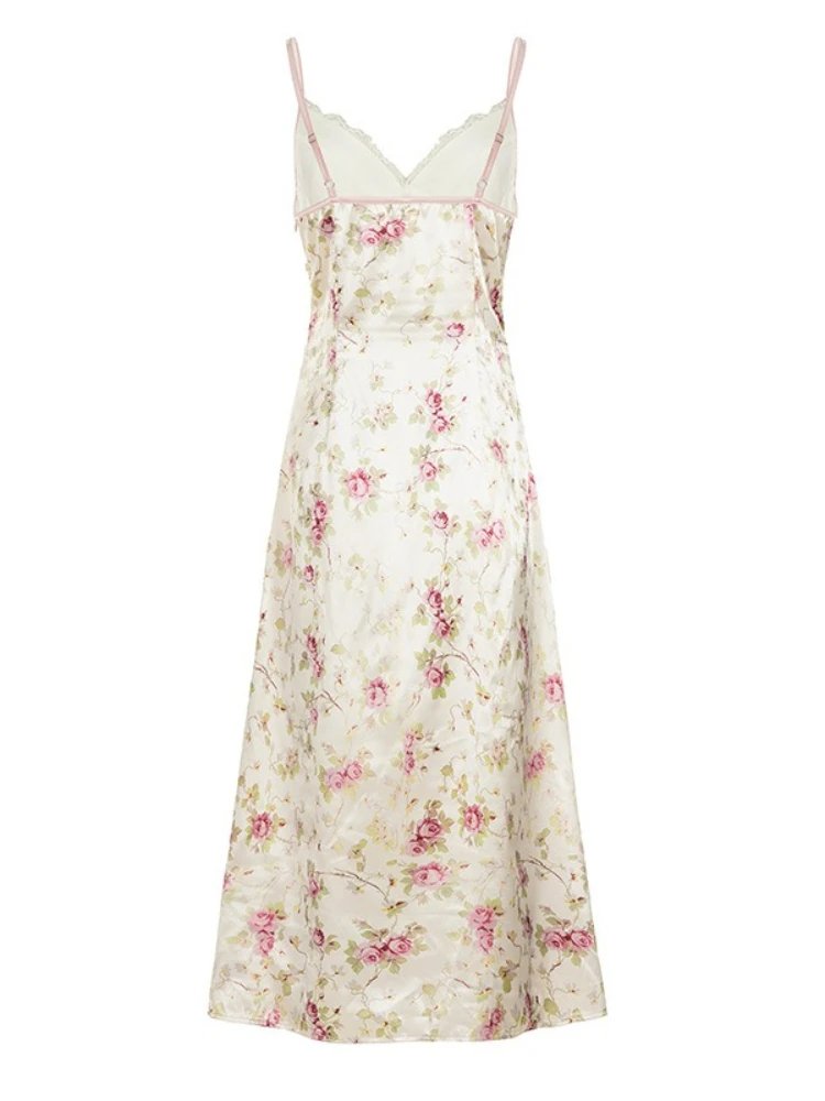 SsTss フレンチ ストリート スタイル V ネック レース サテン スリップ ドレス 女性 花柄 A ライン マキシ ドレス 調節可能なストラップ付き 夏休み用