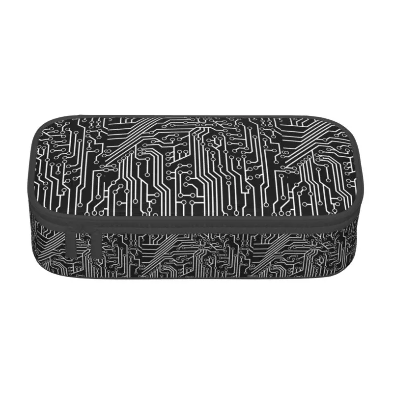 Custom Black And White Cybernetic Circuit Board Pattern Pencil Cases Large Storage Microchip Technology Pen Bag Box Stationery