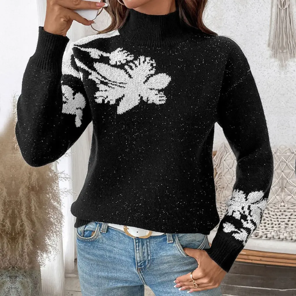

Women's Turtleneck Pullover Sweater Autumn Winter Fashion Contrast Color Jacquard European American Style