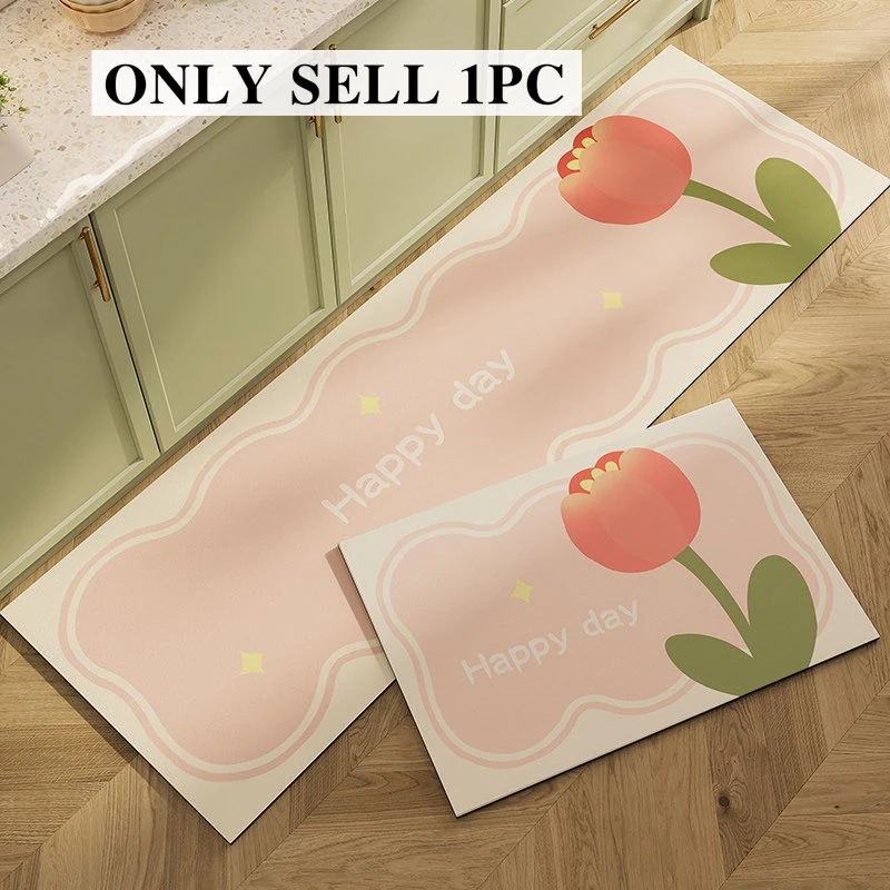 Kitchen Floor Mat Pvc Leather Waterproof Non-slip Long Rug Oil-proof Foot Mats Pink Flower Home Decor Rugs Alfombras De Cocina
