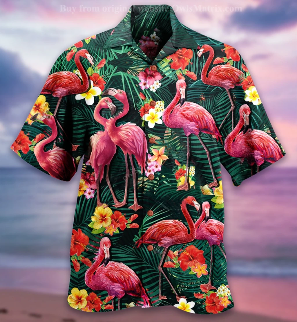 Summer Hawaiian Shirt for Men Designer 3d Printing Flamingo Short Sleeve Oversized Funny Men\'s Clothing Fashion Beach Harajuku