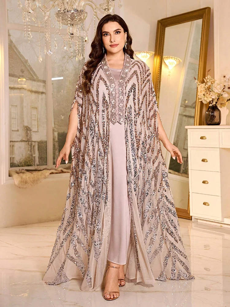 TOLEEN New Plus Size V-Neck Batwing Sleeve Robe, Asymmetric Contrast Sequin Applique, Elegant Women's 2-Piece Dresses Set Spring