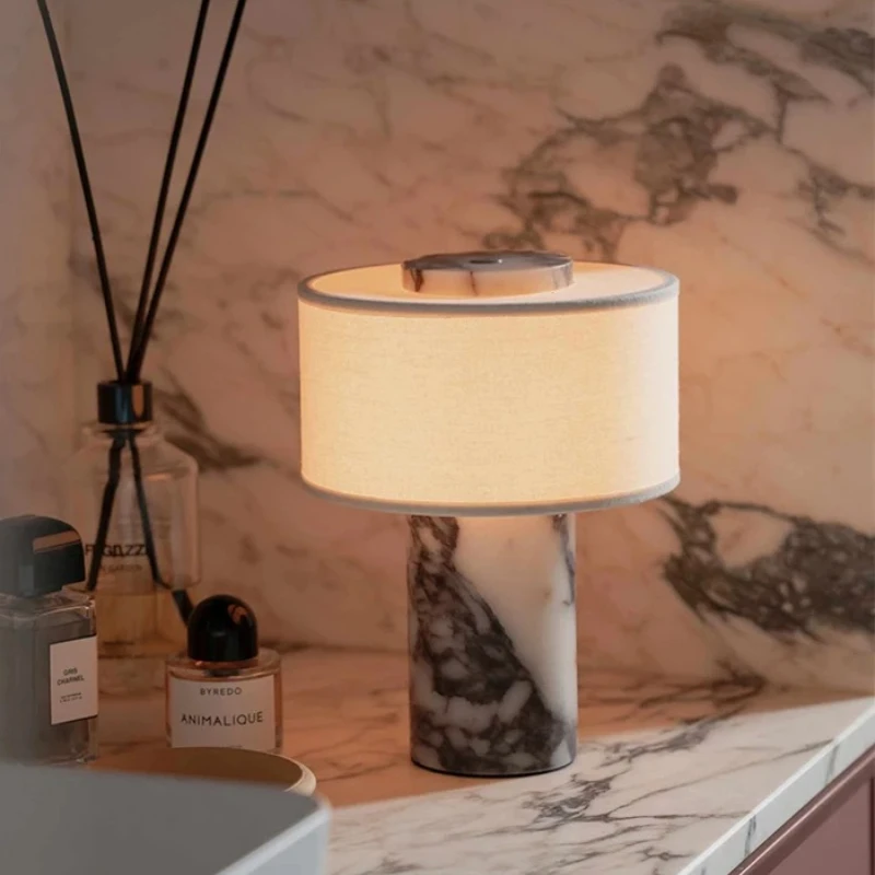 Lampu Meja Mewah Retro Marmer Alami Kap Lampu Kain Lampu Meja Batu Kuning Dekorasi Rumah Ruang Tamu Kamar Tidur