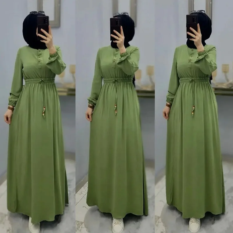 

New Muslim Long Dress Elegant Slim Fit Loose Waist Long Sleeve Dress