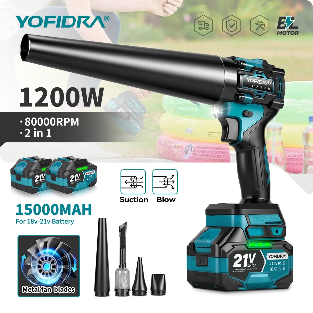 YOFIDRA Bürstenloser Elektro-2-in-1-Turbogebläse-Ventilator & Staubsauger 1000Pa Laubblasgerät für Makita 21V Akku
