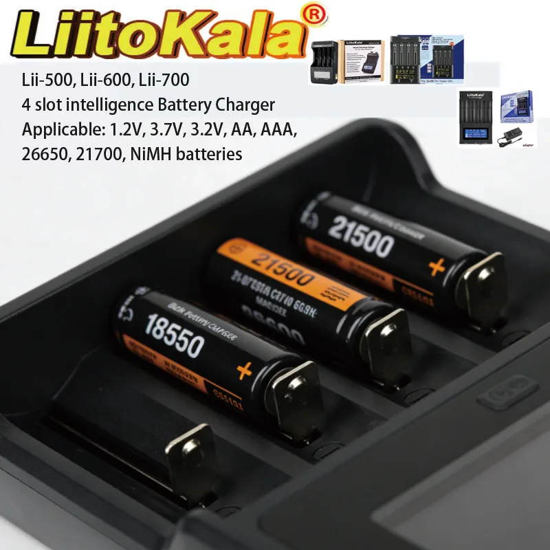 

Зарядное устройство LiitoKala Lii-500 500S 600 700 для аккумуляторов 18650, 26650, 16340, 18350 Ni-MH, Ni-Cd, Li-ion 3.7В, 1.2В с функцией тестирования емкости