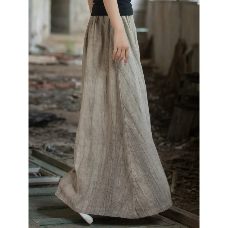 Ramie Tie-Dyed New Chinese Style 23 Summer Cotton and Linen Women's New Elastic Waist Long Wild Artistic Loose Skirt