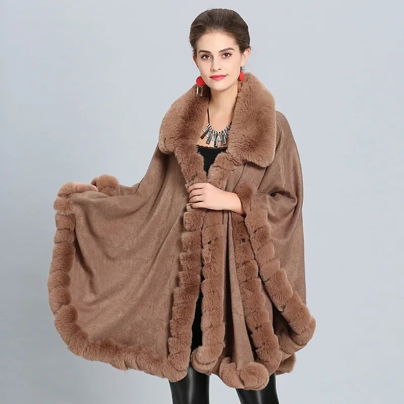 11 Colors Winter Cloak Cashmere Warm Thick Loose Coat Poncho Women Faux Fur Neck Cape Big Pendulum Dovetail Cardigan Streetwear