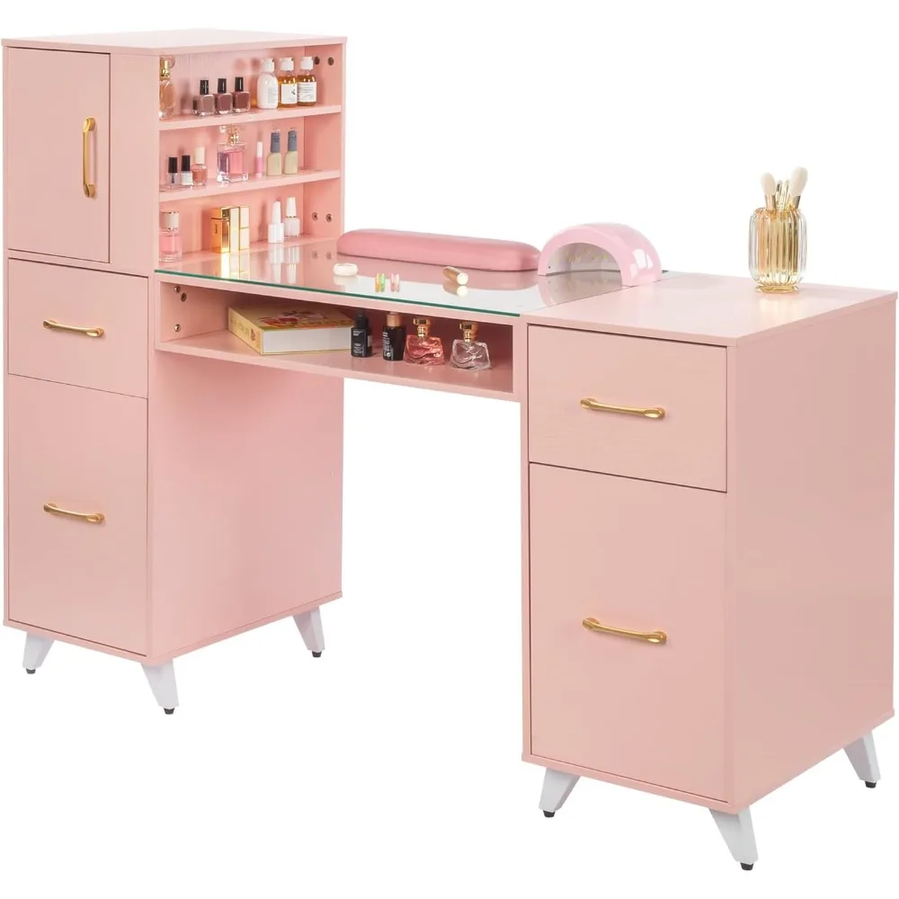 Pink Manicure Table, Nail Table with Tempered Glass & Three Doors and Two Drawers & Adjustable Shelves