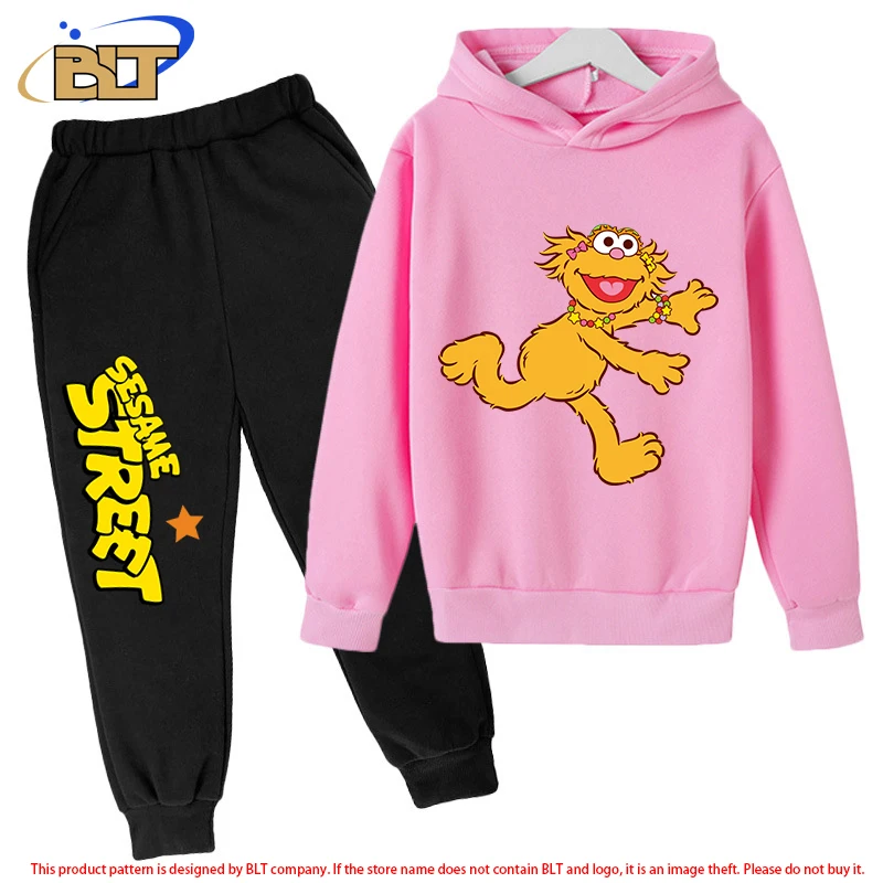 Sesame Street Kids Plush Hoodie Set Pink Sports Sweatshirt Pants Two-Piece Set for Boys and Girls