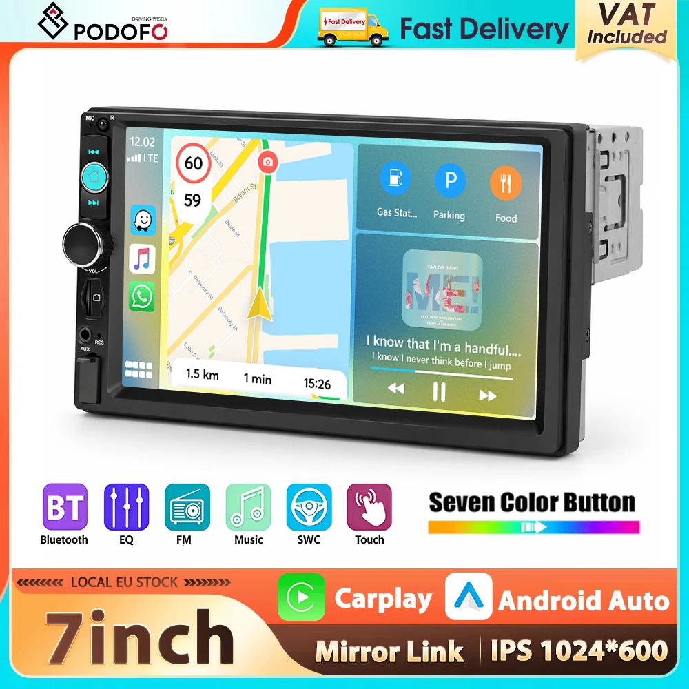 Podofo 7'' IPS-Bildschirm Auto-Multimedia-Player Universal 1Din MP5 Radio Kabelloses Carplay Android Auto Bluetooth FM USB EQ AUX Audio Auto-Stereoanlage