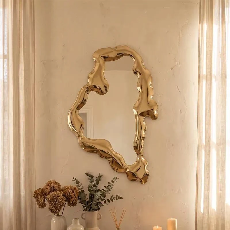 Modern Electroplated Stainless Steel Frame Irregular Organic Wavy Asymmetrical Wall Mirror Durable Decor for Bedroom Dining