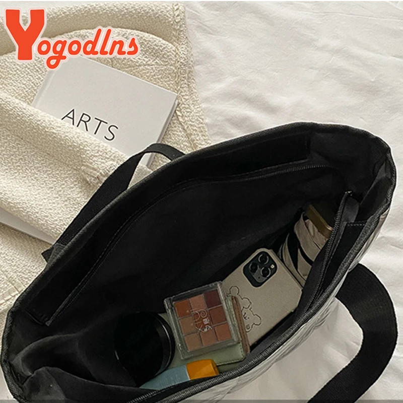 Yogodlns Winter Lozenge Tote Bag Space Cotton Handbag Large Capacity Shoulder Bag Warm Down Handbag Casual Portable Handle Bag