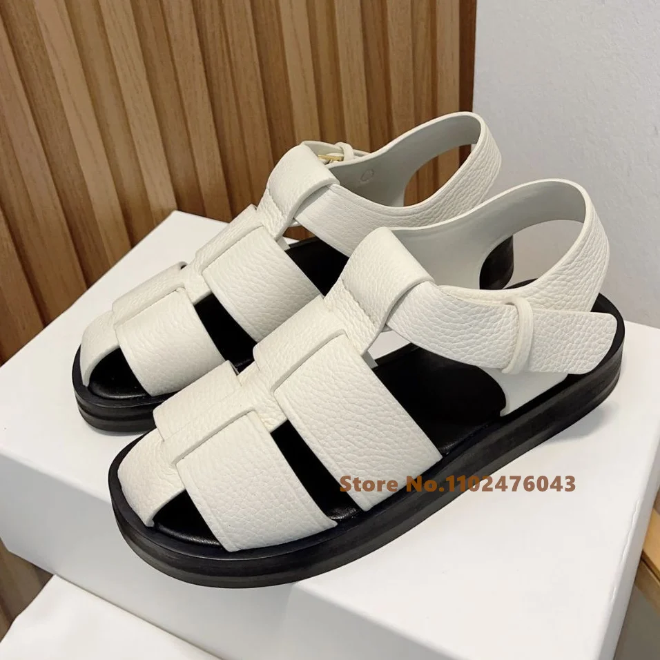 

2023 New Vintage Sandals Round Toe Genuine Leather Braided Hollow out T Strap Hook & Loop Roman Shoes Woman Casual Sandals