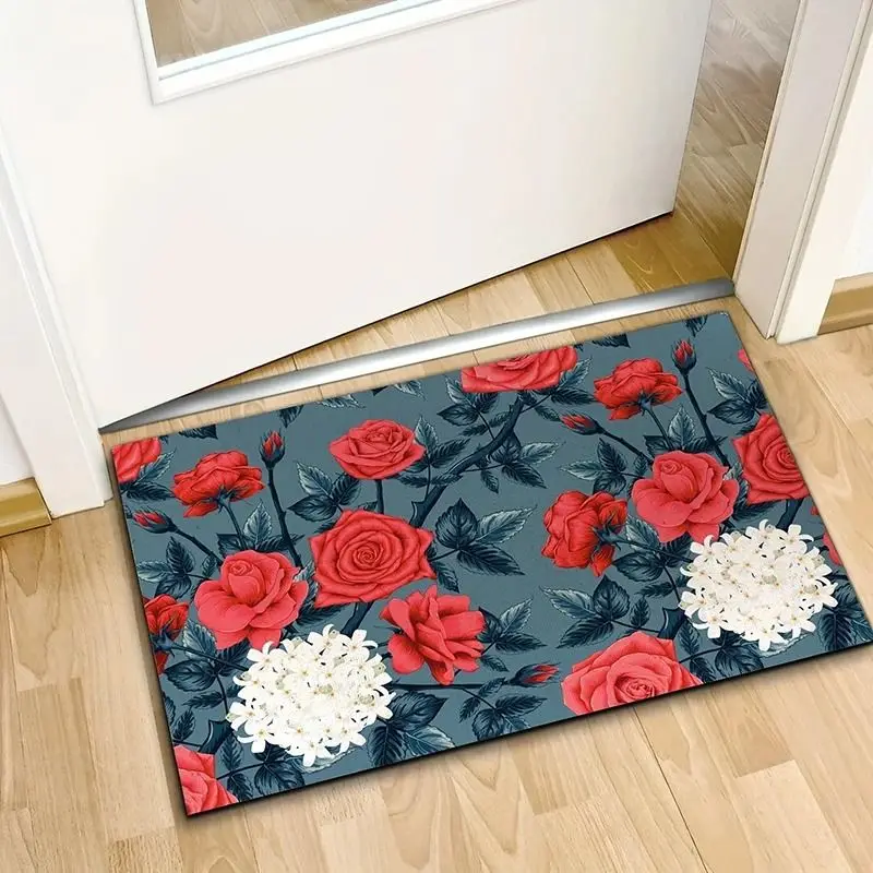 Rose Printed Pattern Mat Outdoor Non-slip Easy To Clean Rug Wrinkle-Resistant Doormat Washroom Entrance Decor Washable Carpet