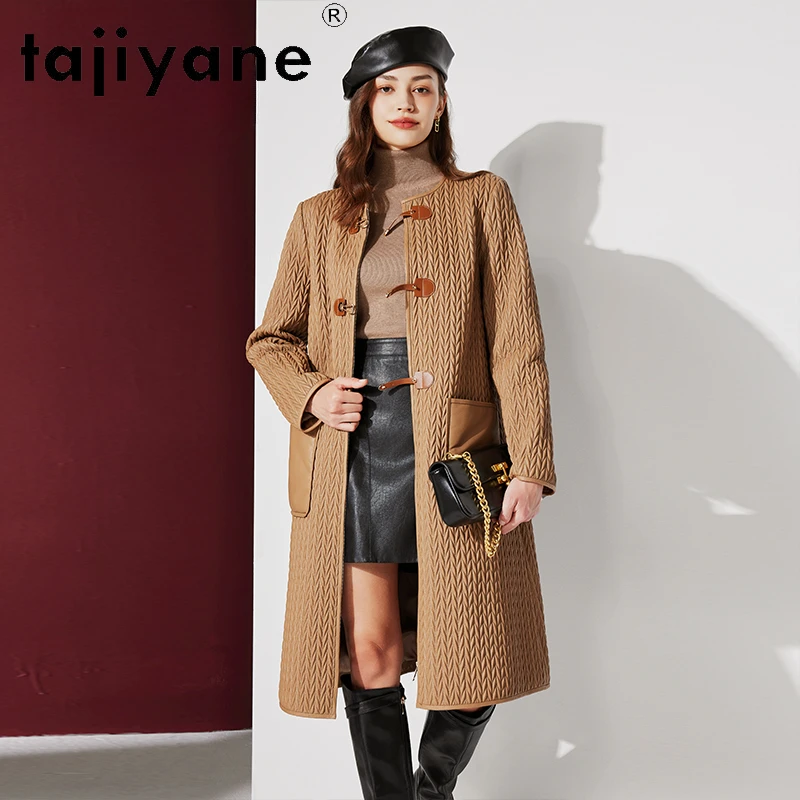 Tajiyane-Veste longue en cuir de mouton pour femme, manteau en coton chaud, vestes en cuir naturel, col rond, couche supérieure, femme, hiver 2023