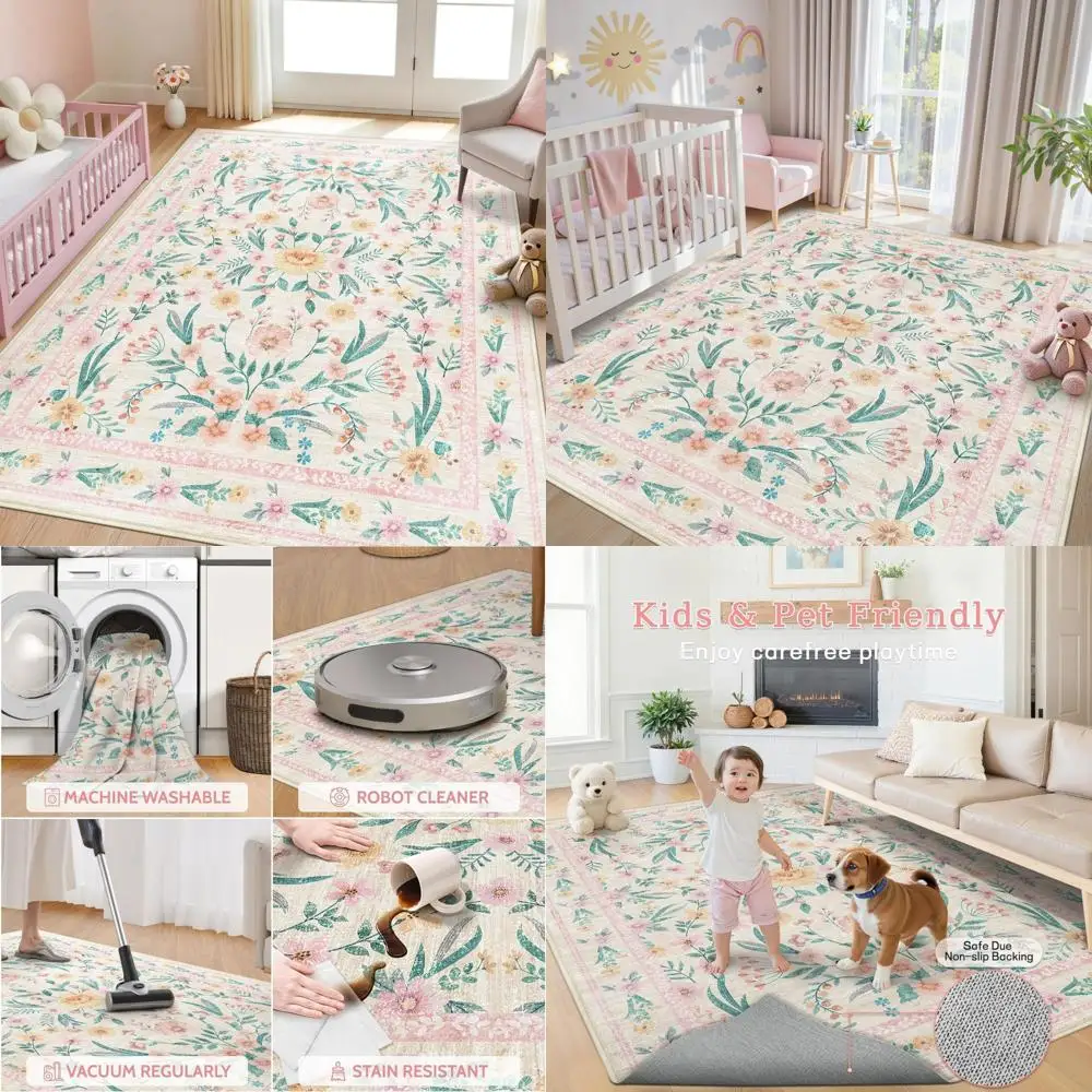 

5x7 Pink Floral Nursery Rug,Pink Rugs for Bedroom Girls,Machine Washable Non Slip Soft Faux Wool Carpet,Cute Boho Indoor Area Ru