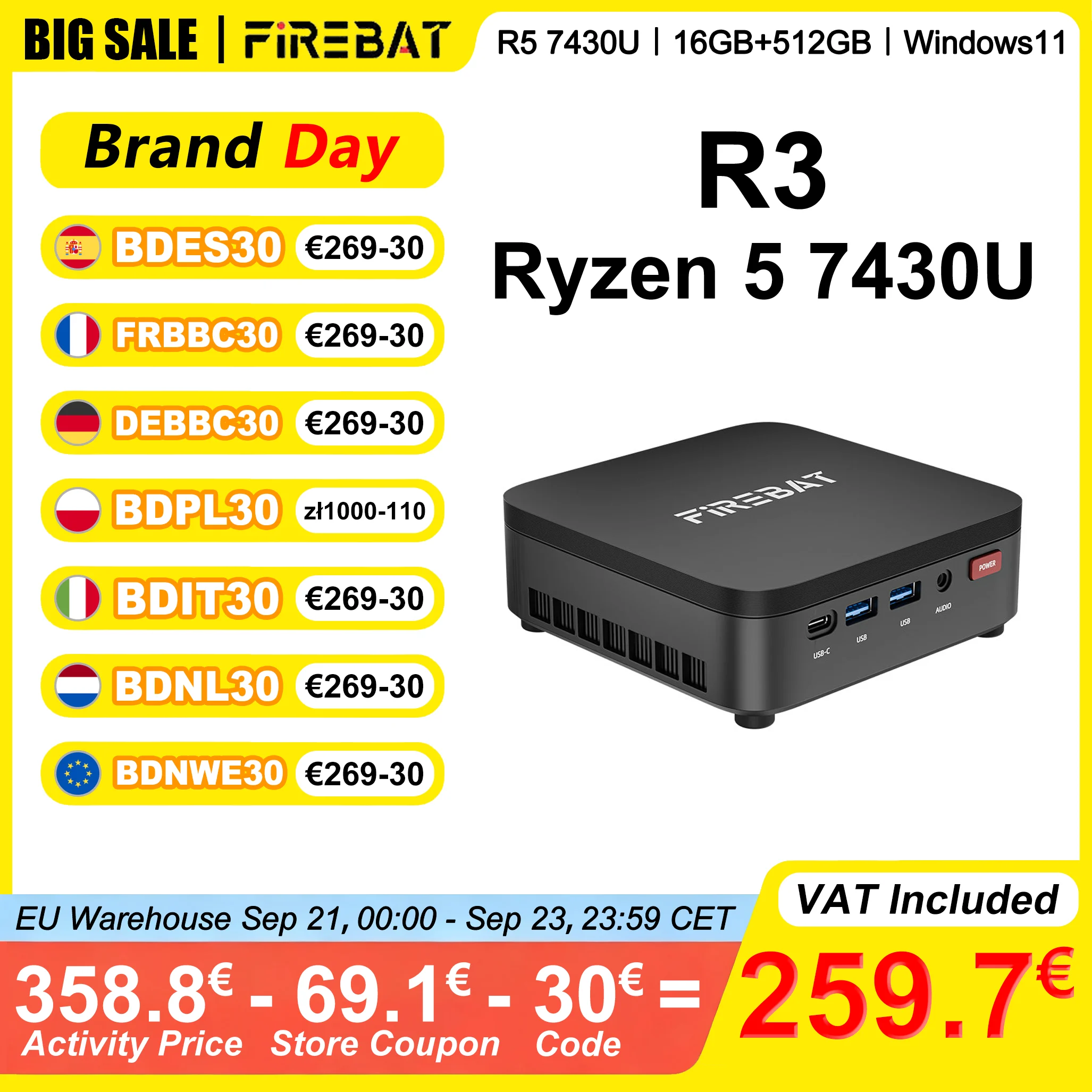 Mini PC Firebat R3 AMD Ryzen 5 7430U 16GB RAM LPDDR4 512GB SSD Windows 11 Wi-Fi 6 USB 3.0 BT5.2 Mini Computer Da Gaming-image