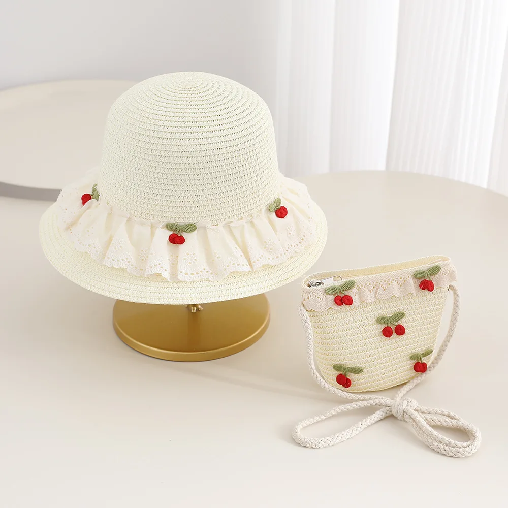 

Sun Protection Hat and Bag Set for Girl Beach Vacation Summer Wide Brimmed Sun Shading Grass Hat ＋Grass Woven Bag