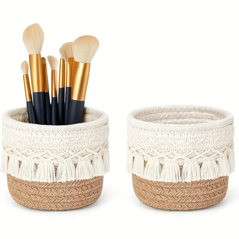 Cesta de Almacenamiento de Macramé Boho con Cuerda de Algodón | Cesta pequeña con borlas para brochas de maquillaje, maceta, organizador de escritorio, decoración del hogar