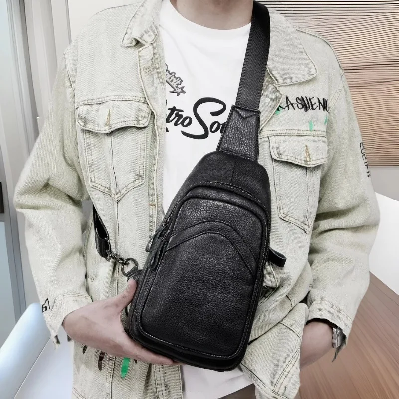 

New leather breast bag men's shoulder messenger bag sports and leisure cowhide large capacity retro fashion simple versatile bus
