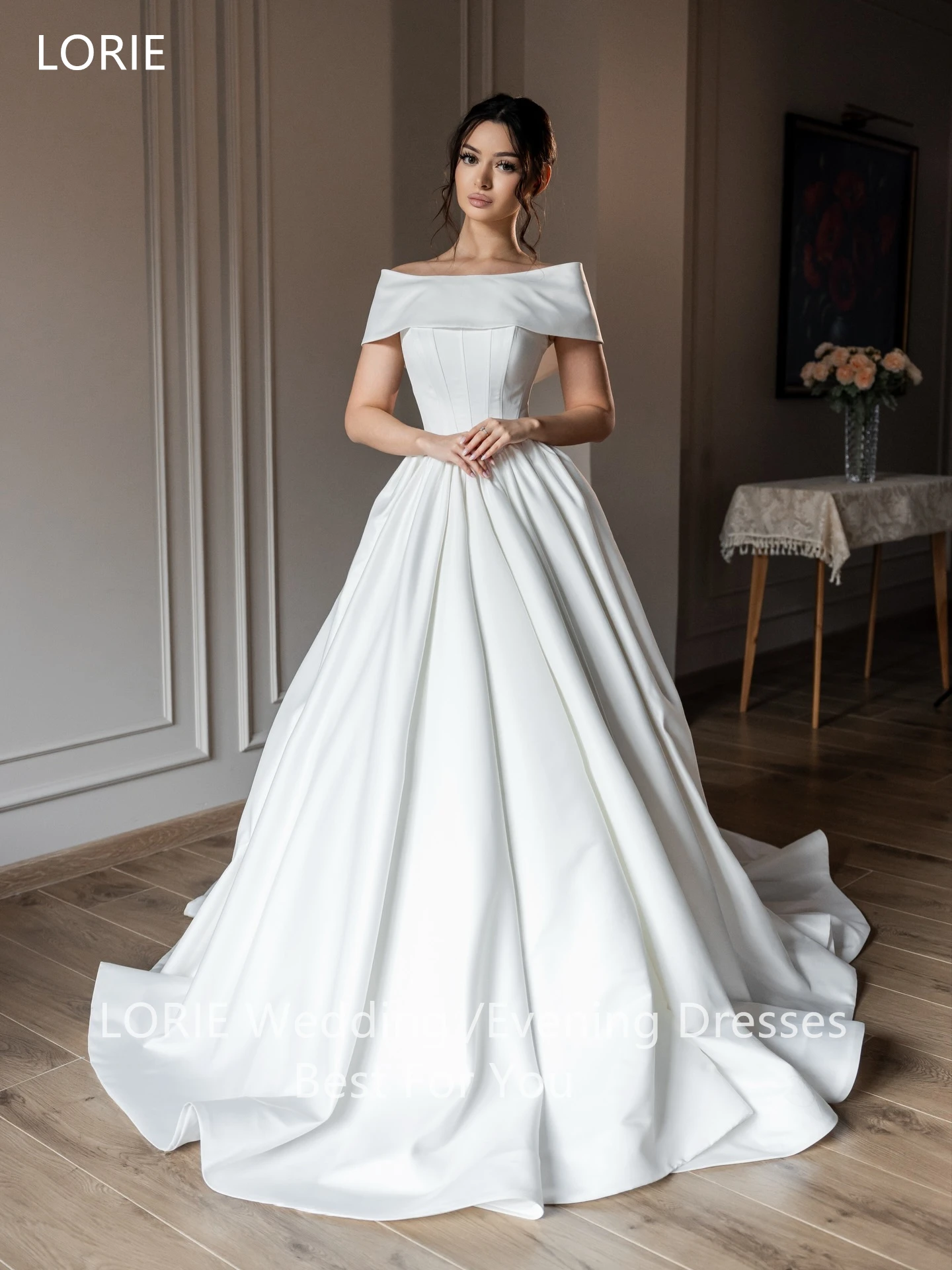 

LORIE Satin Simple Wedding Dresses Off The Shoulder Lace-Up Bride Prom Gown Draped A-Line Bridal Gowns Customized