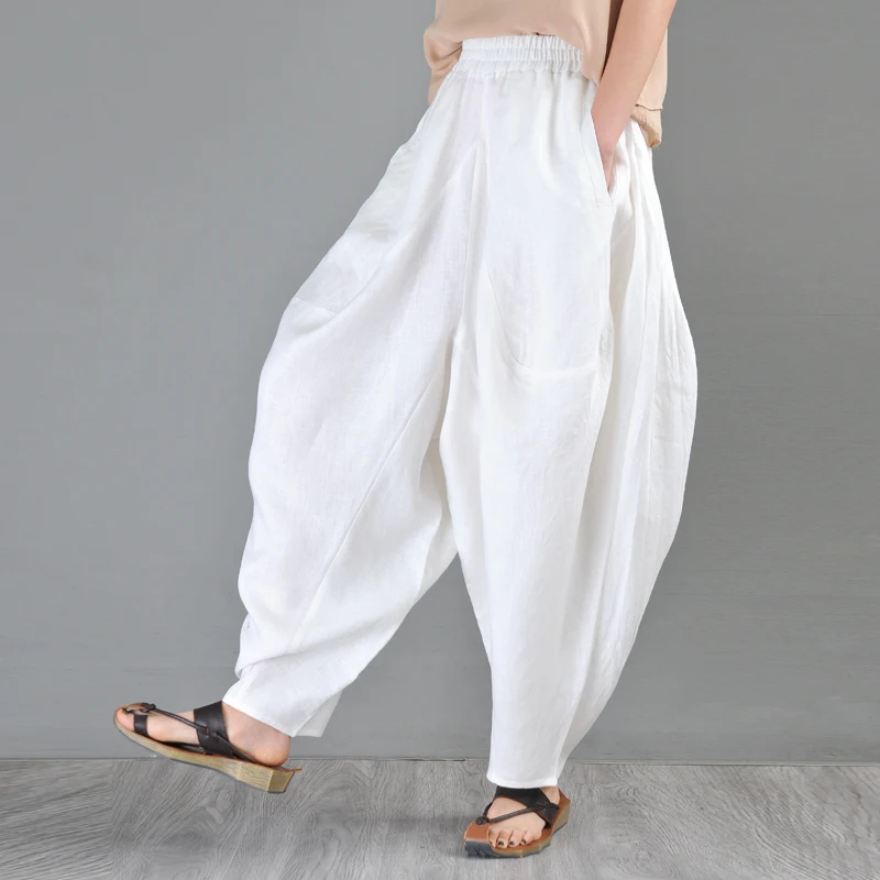 

High Quality Custom made Literary Loose Linen Lantern Pants Women's Personality Large Crotch Pants White Casual Wide Leg Pants