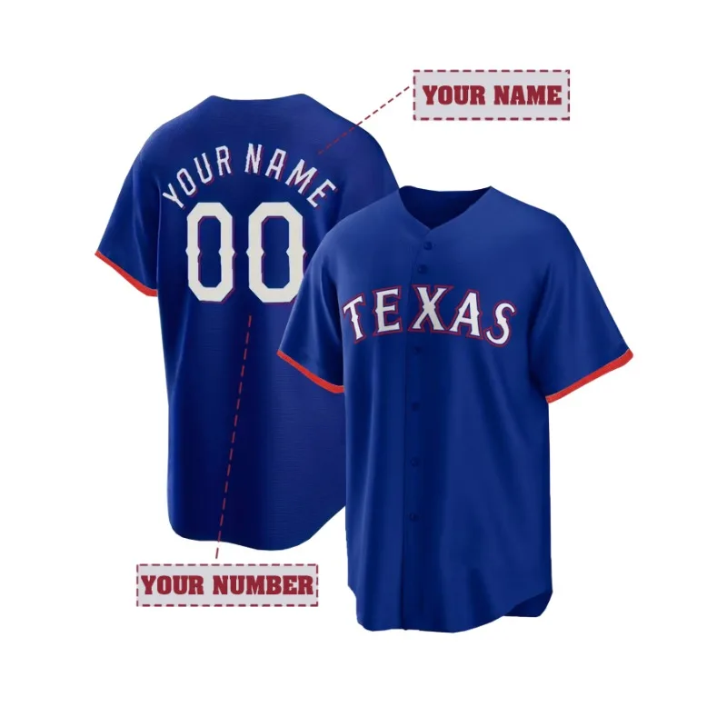 Customized Name And Number Men's Embroidery Baseball Jersey Texas Blue V-Neck Personalized Short Sleeve Button Down Shirts