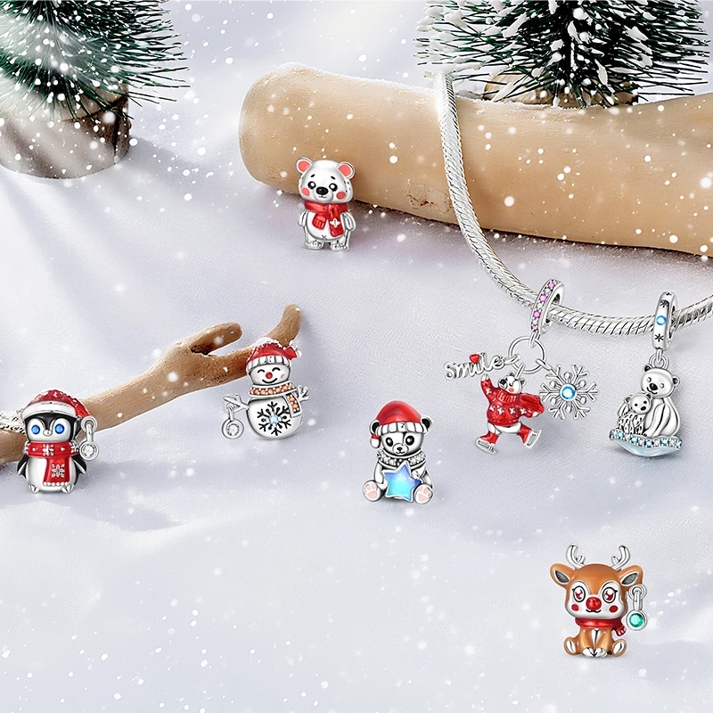 Winter Charm Original 925 Sterling Silver Snowflake Snowman Penguin Charm Pendant For Women Fine DIY Birthday Jewelry Gifts