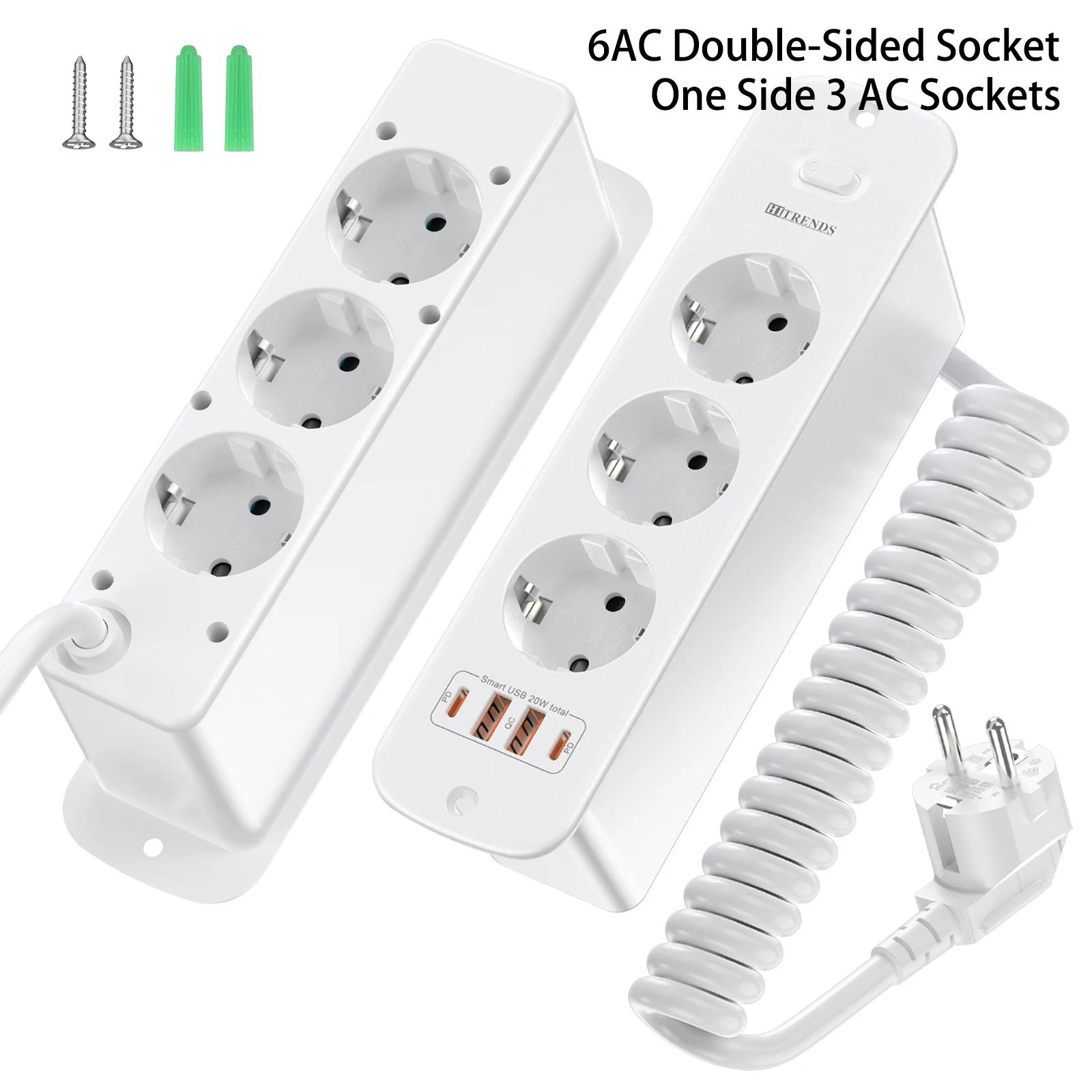 

6-контактный удлинитель ЕС с 2 USB-A и 2 типа c для настольных ПК Встроенная розетка Двусторонняя защита от перенапряжения, удлинитель длиной 2 м