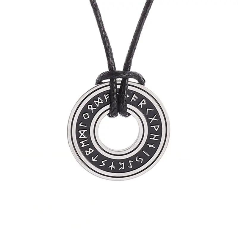 Vintage Norse Rune Circle Necklace with Adjustable Braided Leather Rope Chain for Men Women Nordic Amulets Jewelry Gifts