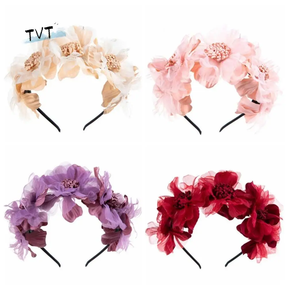 한국어 메쉬 컬링 꽃 신부 머리 장식 솔리드 컬러 우아한 신부 머리 장식 웨딩 파티 헤어 화환 헤어 액세서리