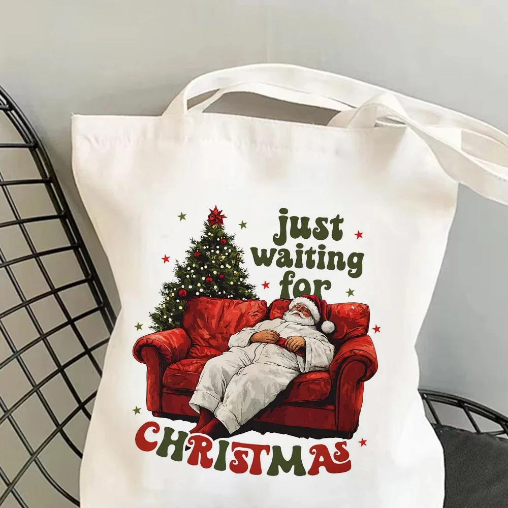 

Santa Claus Just Waiting for Christmas Tote Bag Capacity Shopping Bags Female Shoulder Handbag Eco Girl Handbags