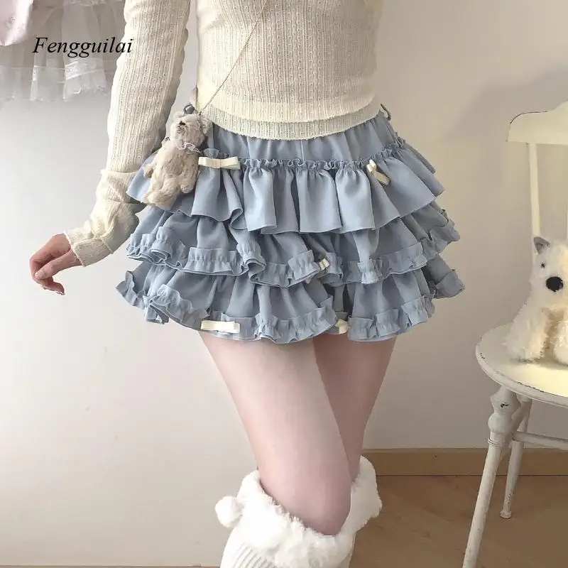 Y2K Sweet Ruffles Mini Skirt Women Kawaii Lolita Bow A Line Skirts Harajuku Japanese Cute High Waist Pink Blue Cake Skirt