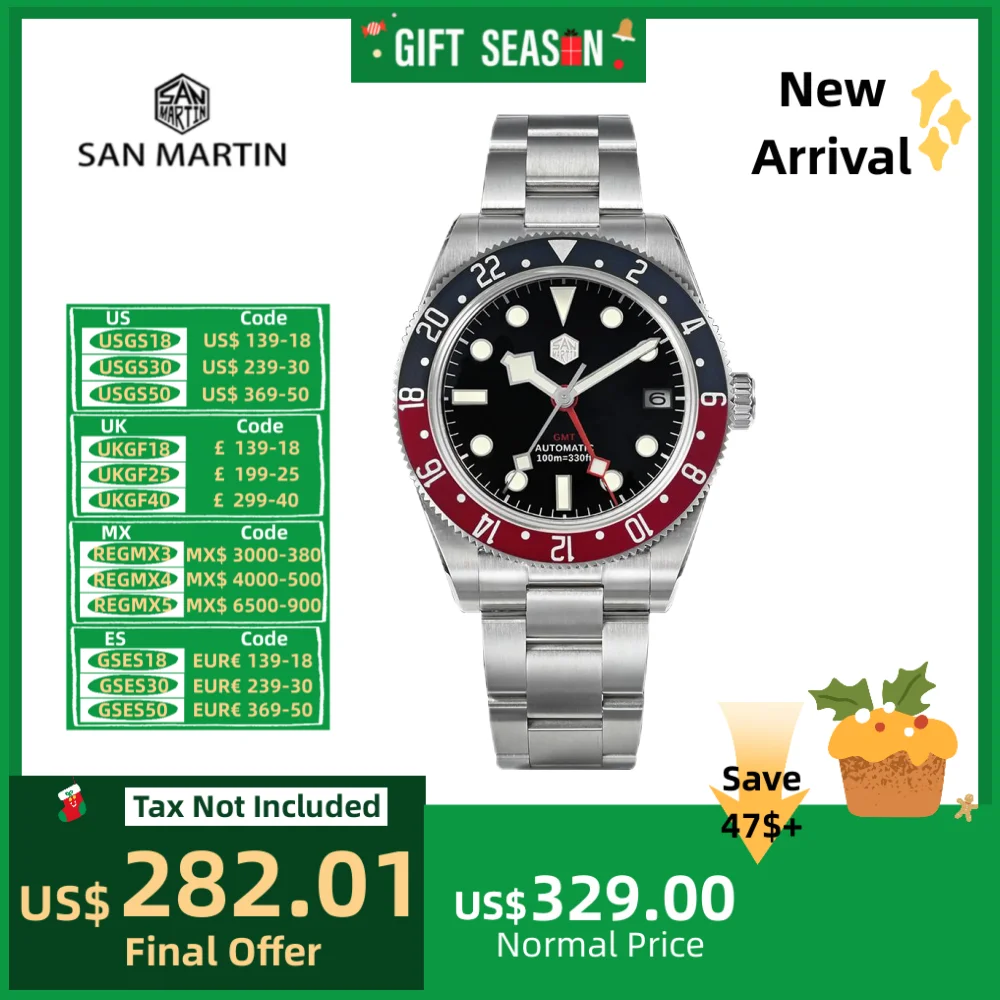 San Martin 39mm NH34 GMT Watch For Man Automatic Wristwatch Mechanical 3H Date Waterproof 10Bar Relojes BGW9 Lume часы SN0109