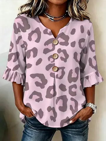 Plus Size Women V Neck Button Decor Blouse Fashion Purple Leopard Print Pullover Top for Vacation Travel Party Dating Daily Wear