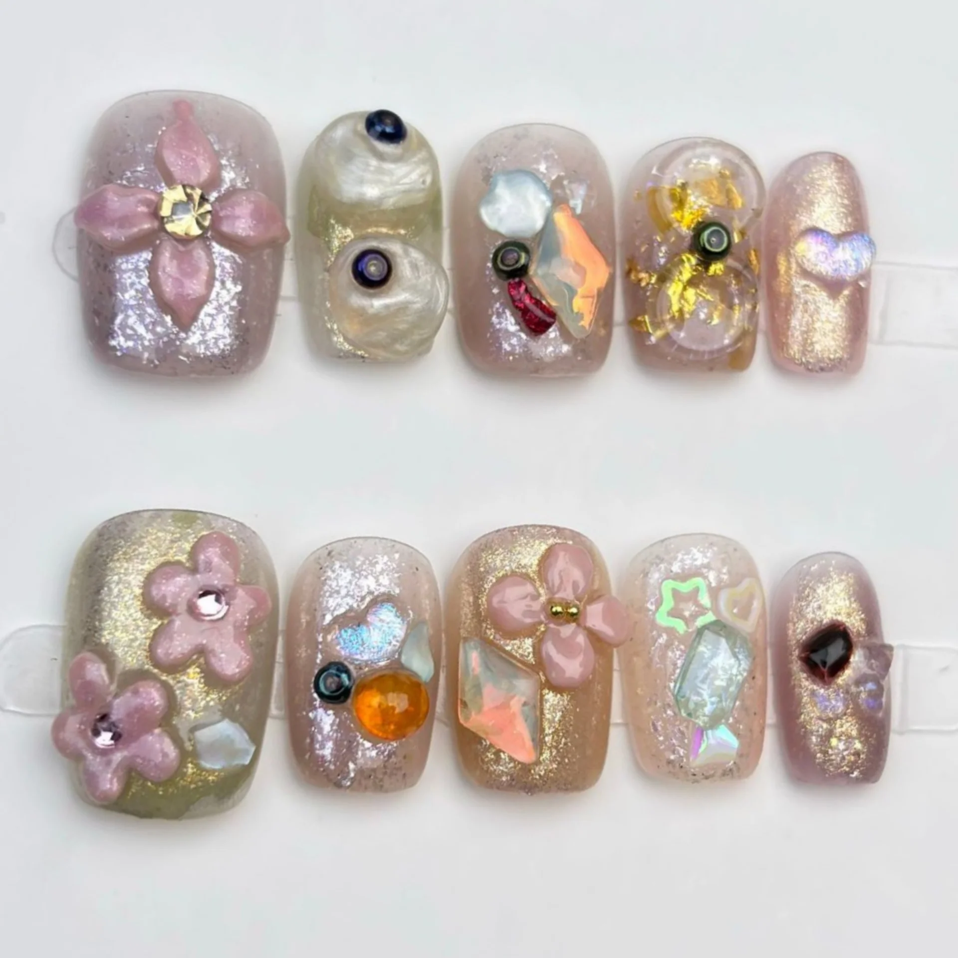 10 Uds. De uñas postizas hechas a mano con diamantes brillantes, bonito ojo de gato, puntas de uñas postizas de Ballet cortas, juegos de uñas postizas rosa, manicura reutilizable