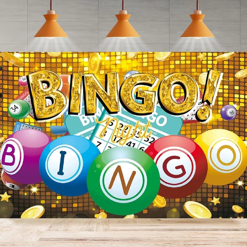 Bingo Night Theme Photography Backdrop Golden Snooker Game Time Cards Coins Contest Casino Winning Ball Man Adults Background