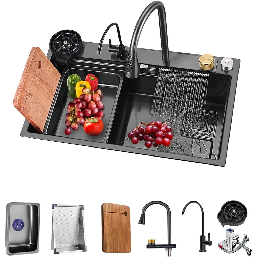 

Черная кухонная мойка Waterall с одной чашей, выдвижным смесителем и аксессуарами