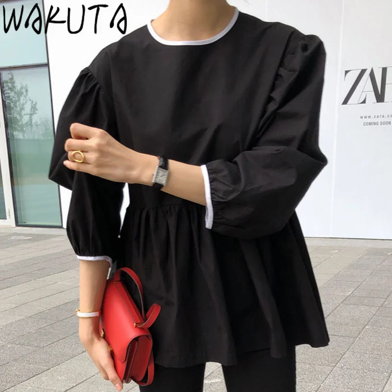 WAKUTA Back Hollow Out Bowknot Womens Tops Korean 2024 Spring New Loose Elegant Contrast Ruffles Lantern Sleeve Ladies Blouses