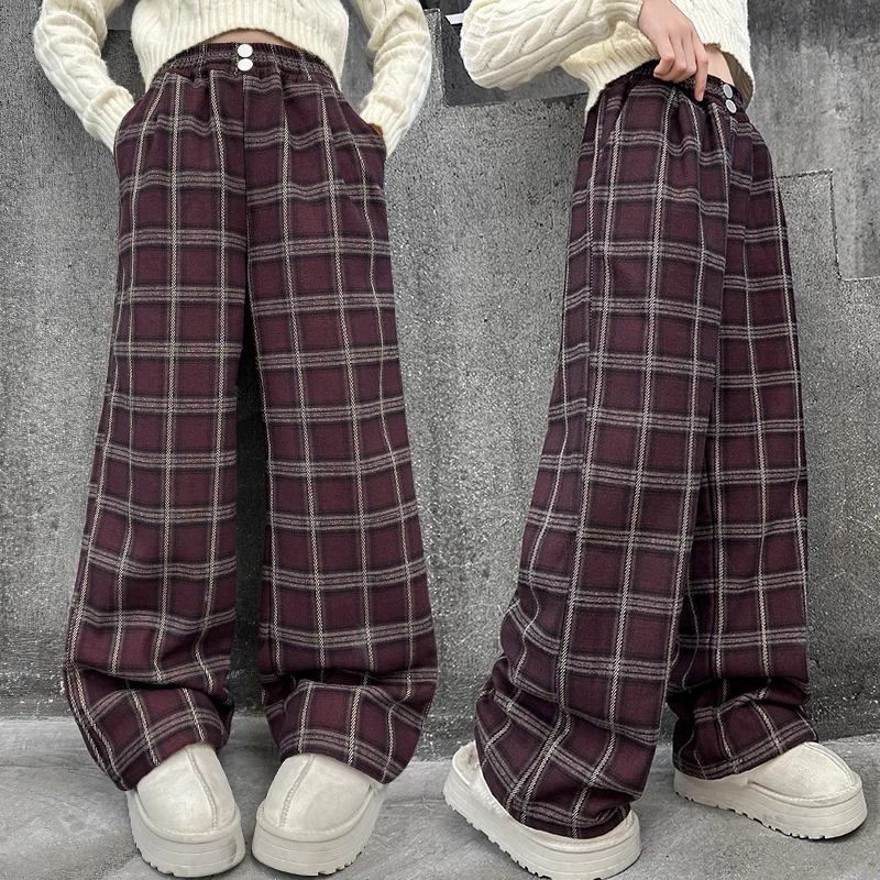 Fashion Kids Girl Warm Plush Pants Cashmere Thick Plaid Winter Casual Loose Wide-Legged Insulated Trousers Student Streetwear