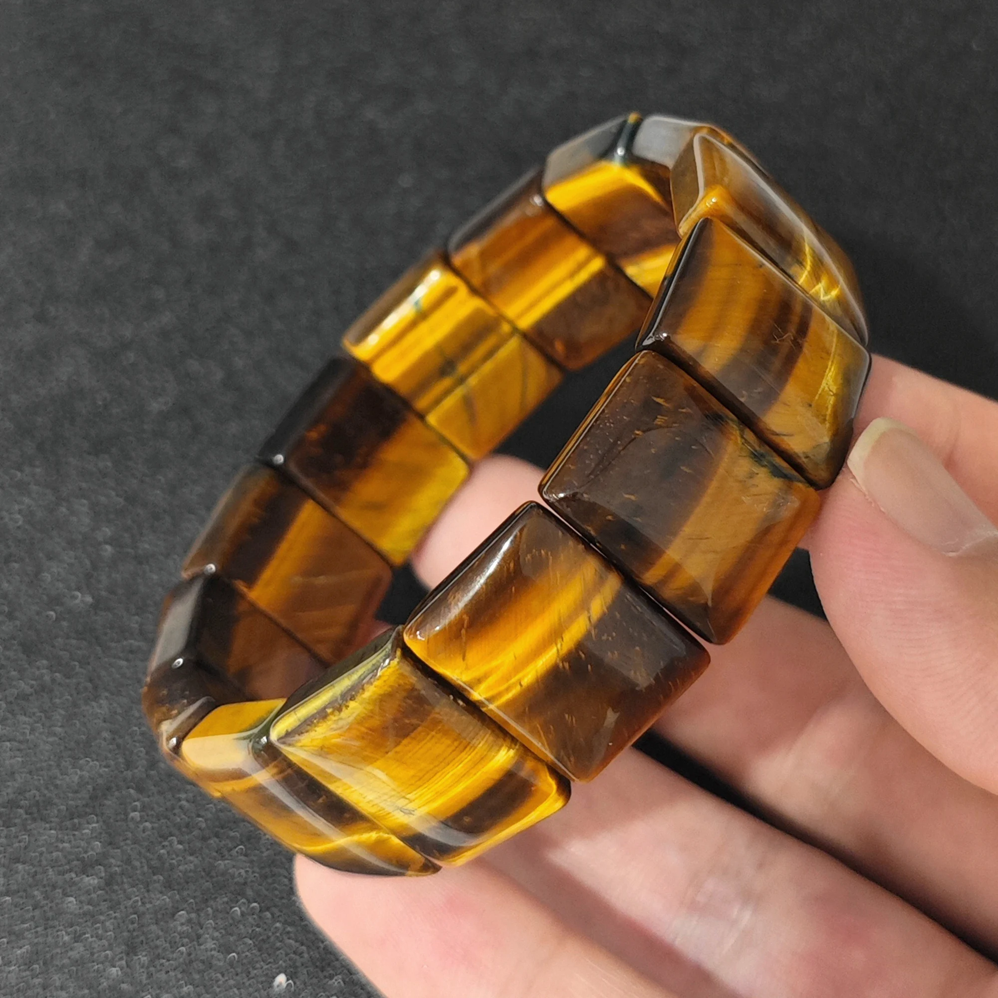 Natural Yellow Tiger's Eye Bracelet 20mm Flat Rectangle Segment Bangle Golden Gemstone Stretch Cuff Gift 16-22cm
