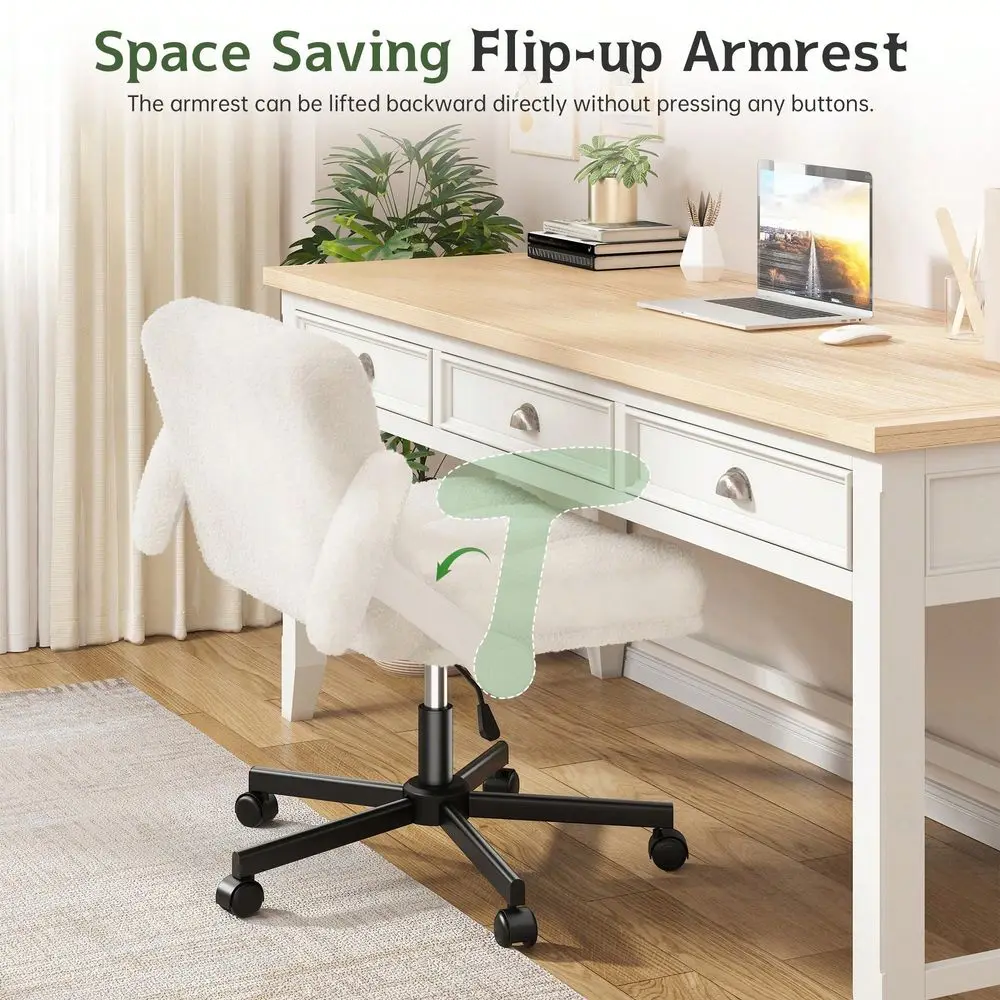 Silla de escritorio de felpa con respaldo cruzado, brazos abatibles y ruedas, altura ajustable, silla de oficina ancha para tocador, oficina en casa, dormitorio, Wh