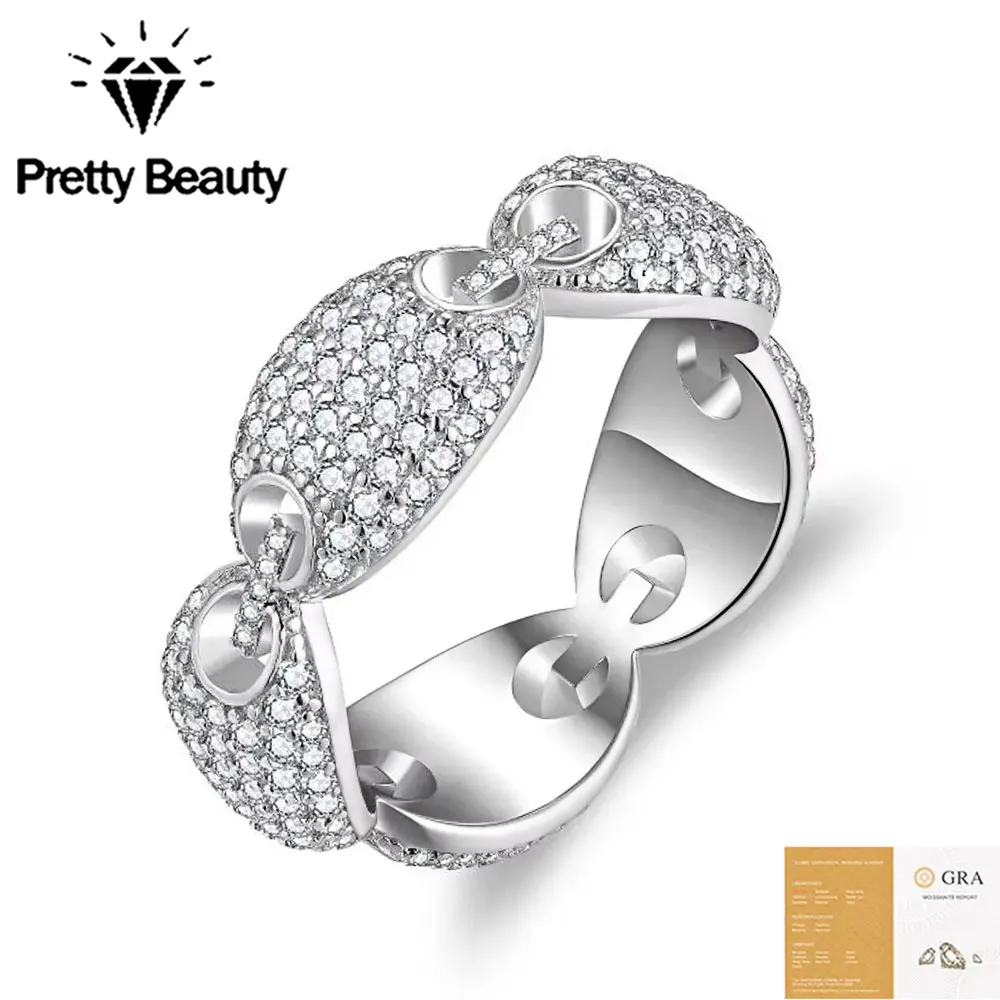 Pretty Beauty Iced Out Full Moissanite Cuban Link Chain Ring for Women S925 Silver Pig Nose Shaped Design Wedding Band Jewelry